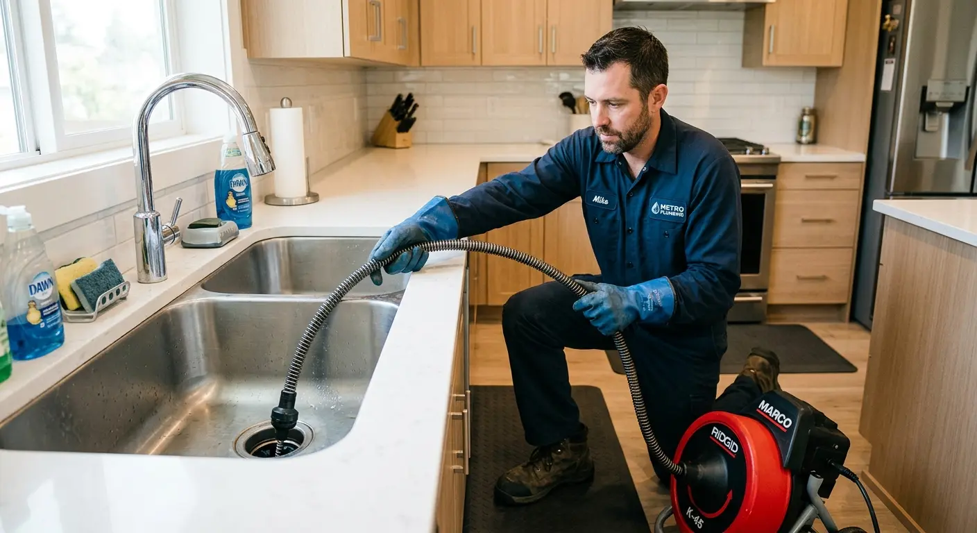 Drain cleaning technician using a motorized snake on a kitchen sink in Loyalsock