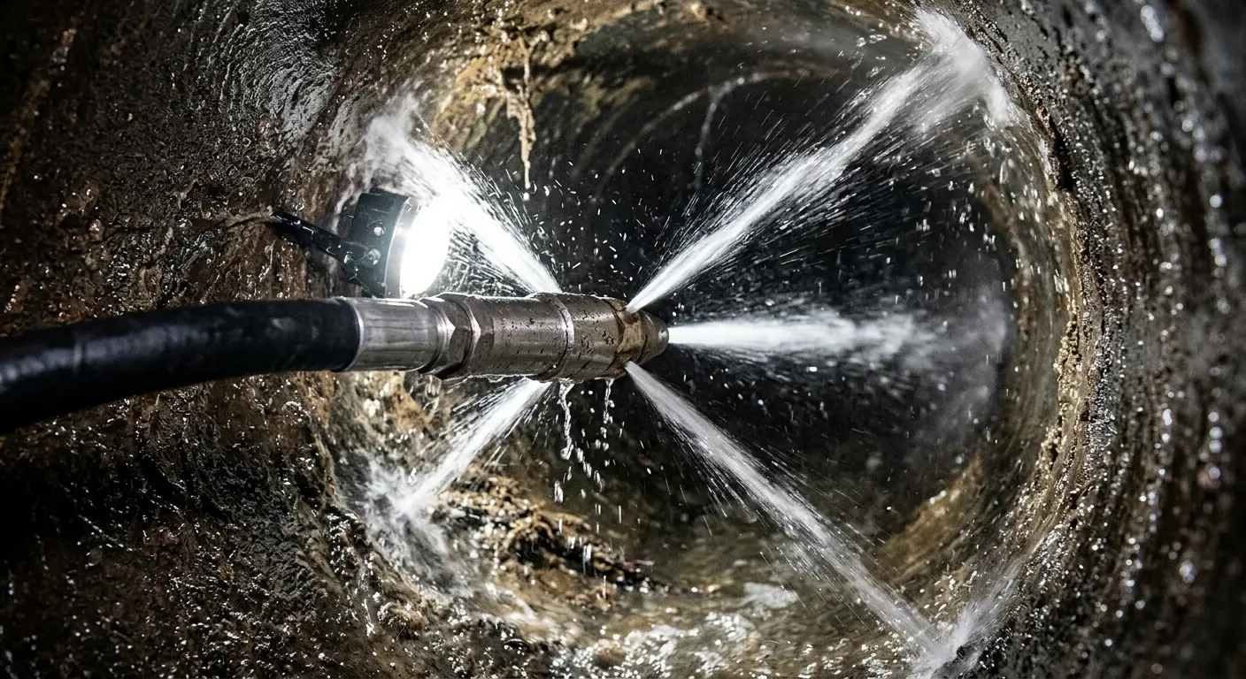 High-pressure hydro jetting nozzle cleaning sewer pipe for Emergency Drain Service in Loyalsock