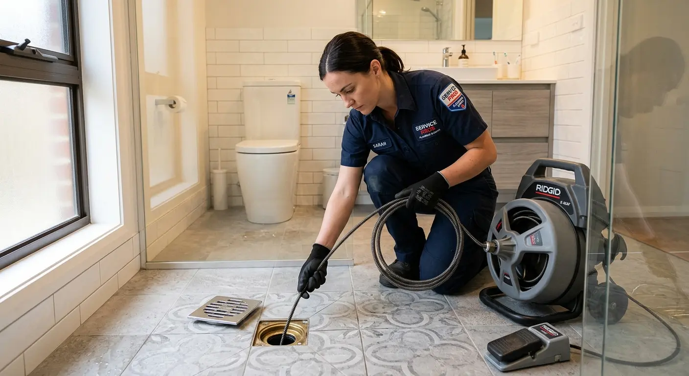 Technician clearing a bathroom floor drain for Sewer Line Installation in Loyalsock
